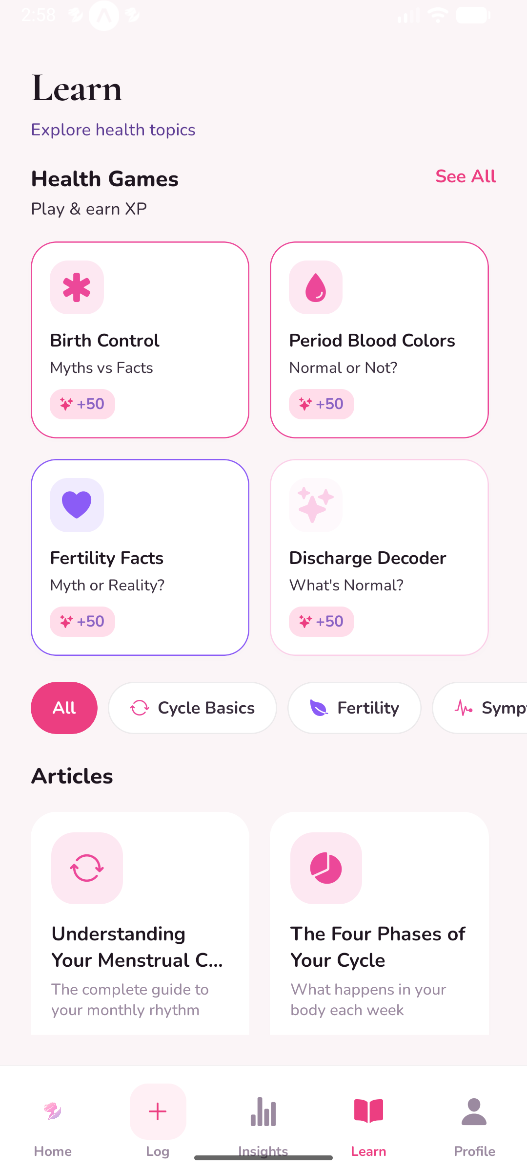 SheBloom learn screen with articles and quizzes