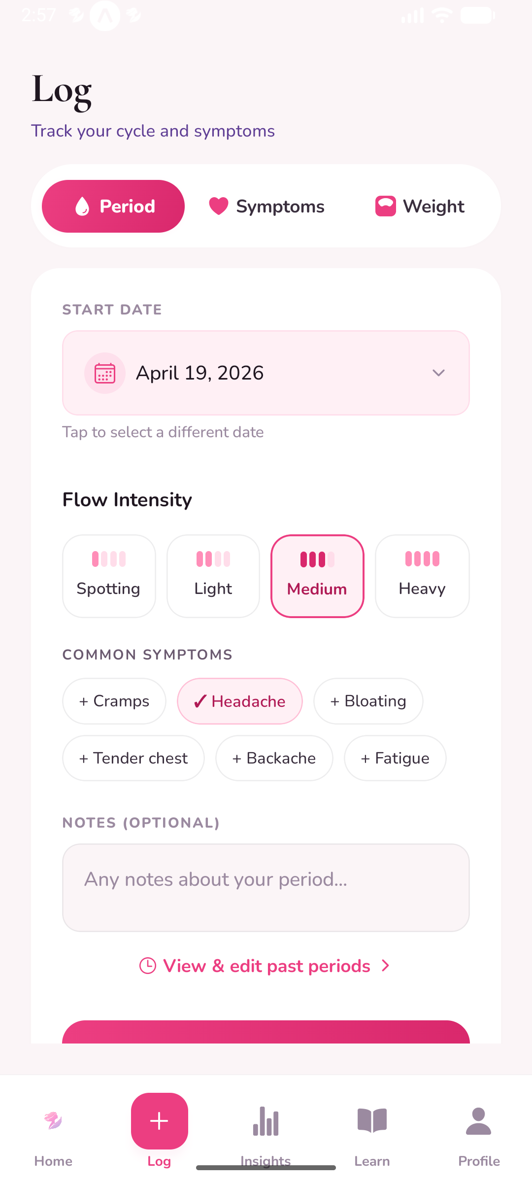 SheBloom daily log screen